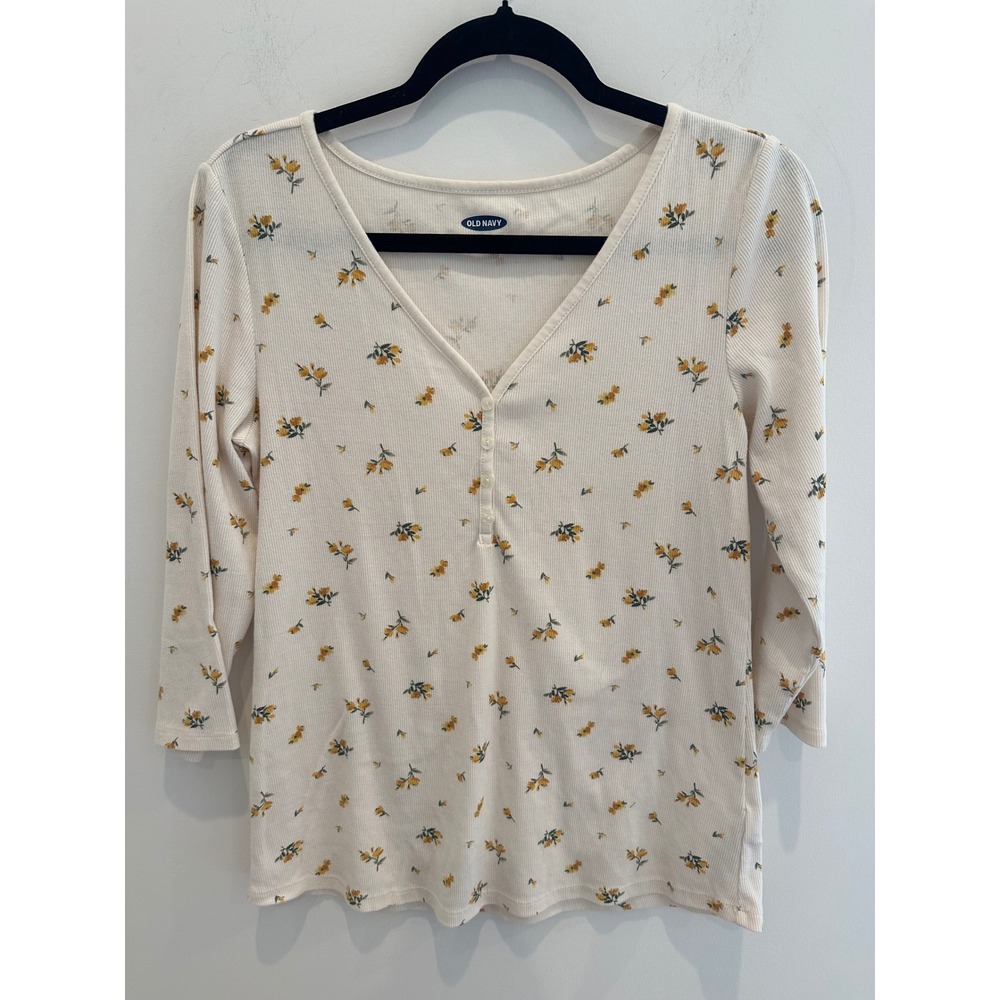 Old Navy Womens Slim Fit Henley Ribbed Floral V-Neck Top Cream Yellow Size M
